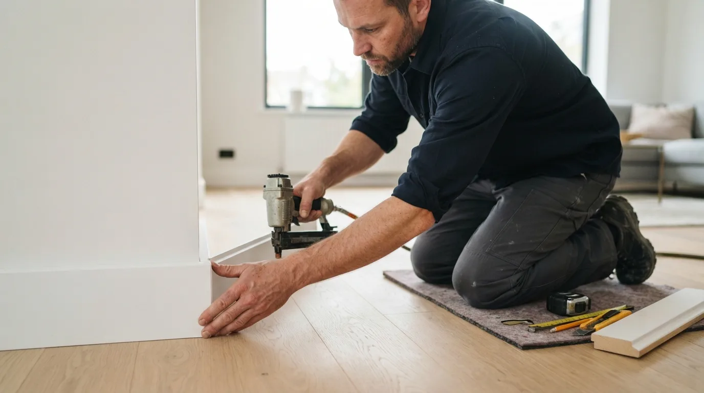 a person installing floor trim in a modern room