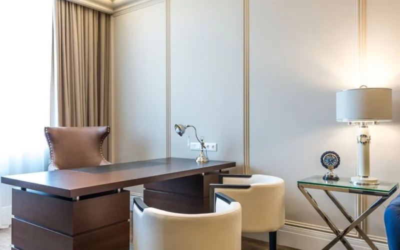 A stylish and modern home office space featuring contemporary furniture and decor.