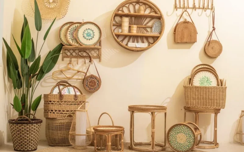 Charming boho interior featuring wicker baskets, rattan furniture, and lush green plants for a natural vibe.