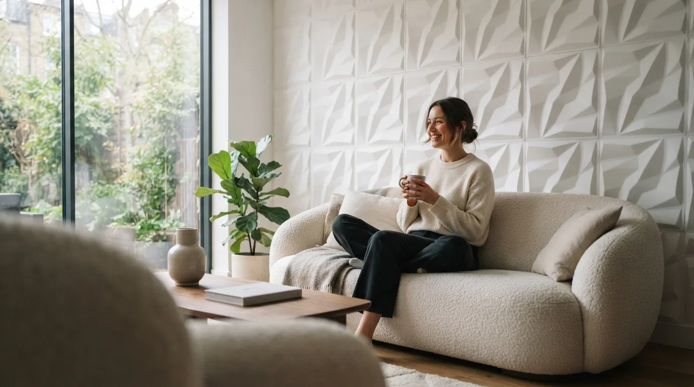 a modern living room with textured 3D wall panels