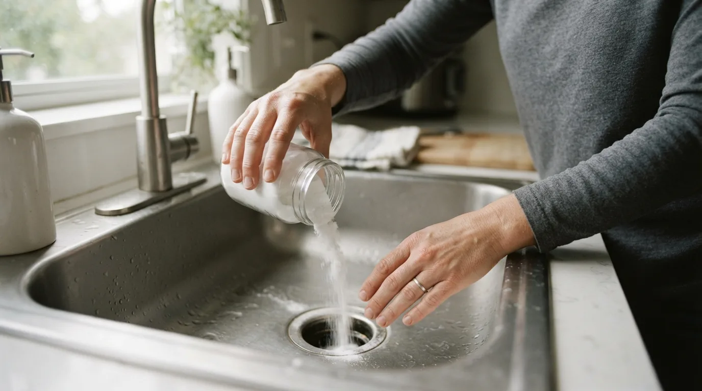 a person pouring baking soda into a kitchen sink drain