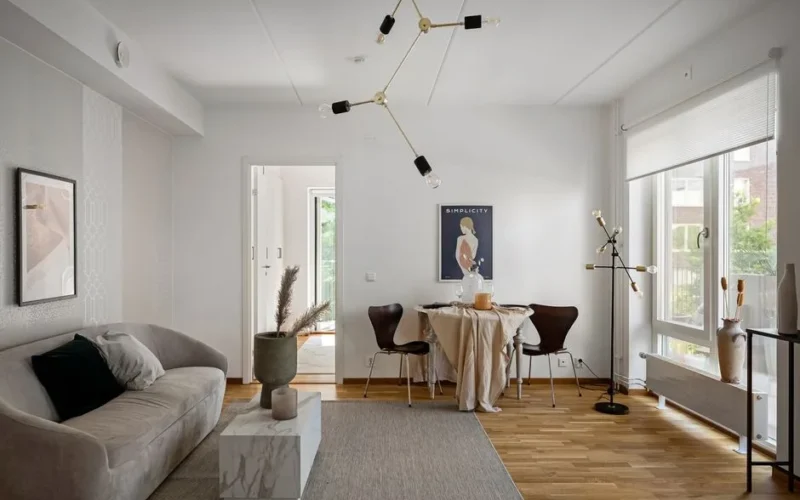 Stylish and modern living room with minimalist decor and natural light.