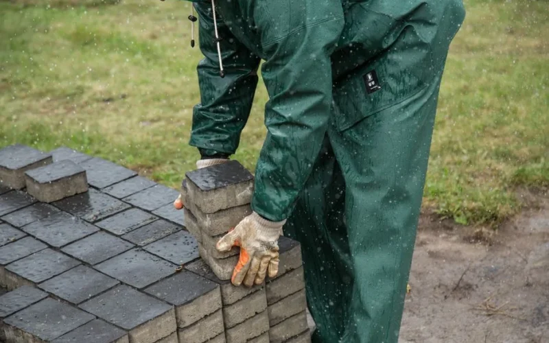 A worker in rain gear carefully places paving stones during a rainy day outdoor construction project.