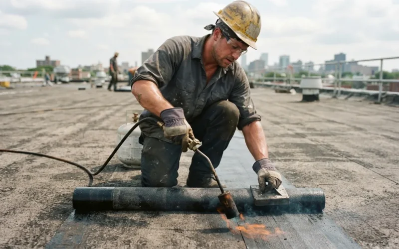 a worker applying roofing membrane with a torch