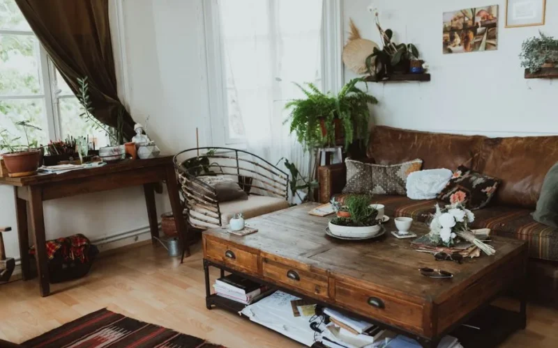 A cozy living room with vintage furniture, rustic decor, and indoor plants creating a warm ambiance.