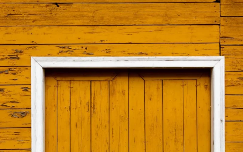 Rustic yellow wooden door with a white frame, featuring weathered texture and peeling paint.