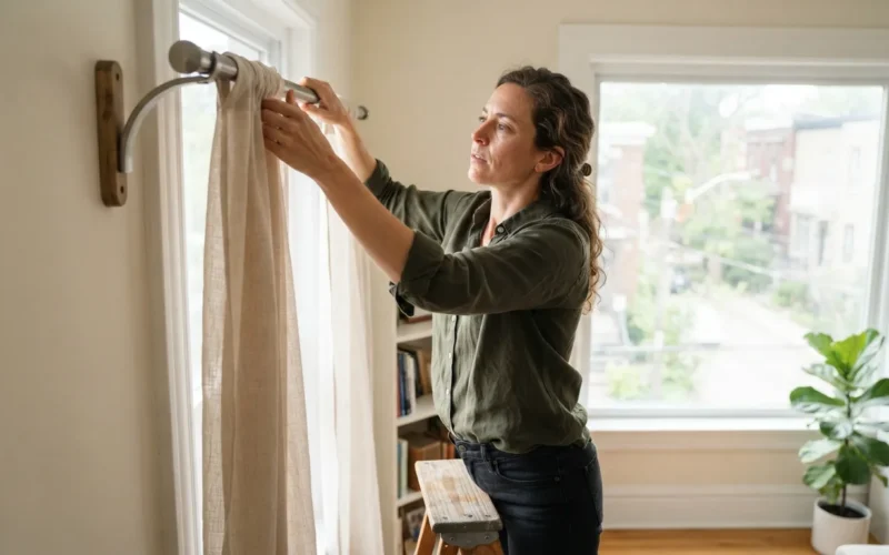 a person removing a curtain rod from a window