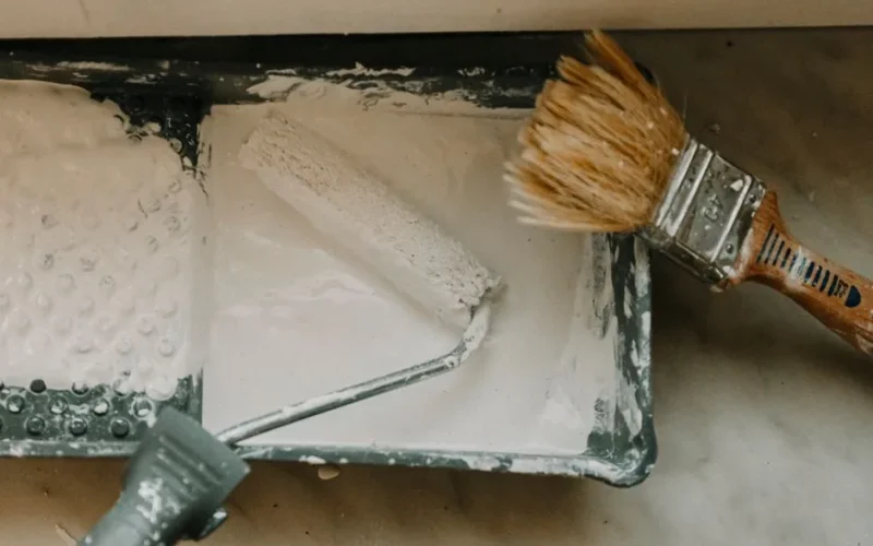 Overhead view of a paint roller and brush in a tray with white paint. Perfect for DIY and home renovation themes.