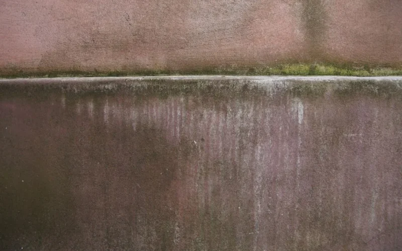 Close-up of a textured wall with moss and weathered stains.