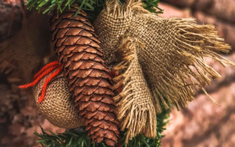 Close-up of a rustic Christmas decoration with pine cones, burlap, and greenery, evoking a cozy holiday feel.