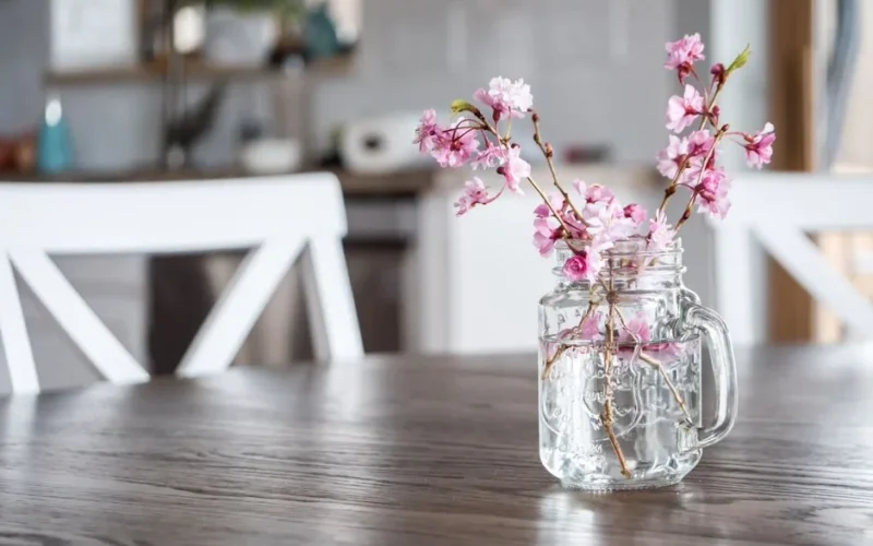 Bunch of delicate cherry tree branches with blooming pink flowers placed into cut glass vase on table in light sunny kitchen