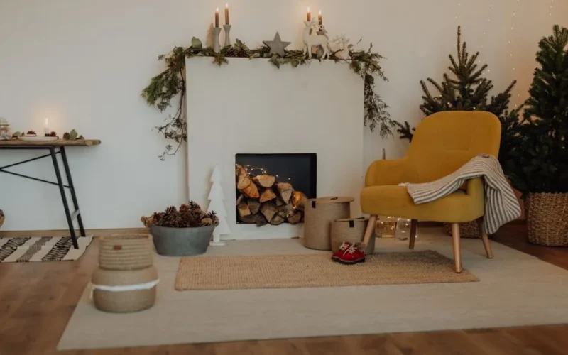 A warm and inviting living room setup with a fireplace, perfect for cozy winter nights.