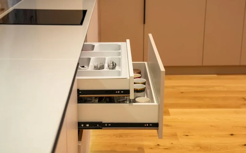 Open kitchen drawer with organized cutlery divider in a modern kitchen setting showcasing functionality and design.