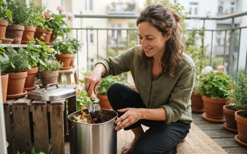 a person tending a small compost bin on a balcony