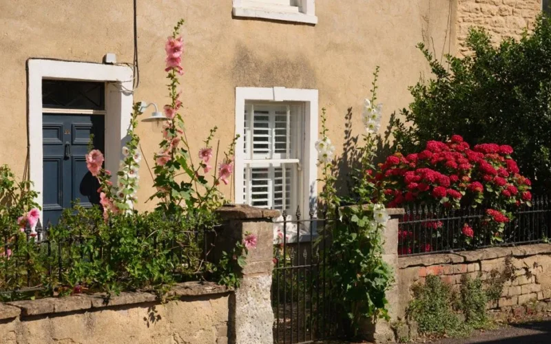 Quaint cottage with a lush garden and colorful flowers, capturing the essence of a serene outdoor setting.