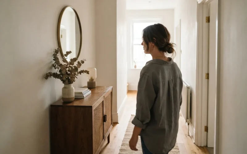 a narrow hallway with a cabinet and mirror