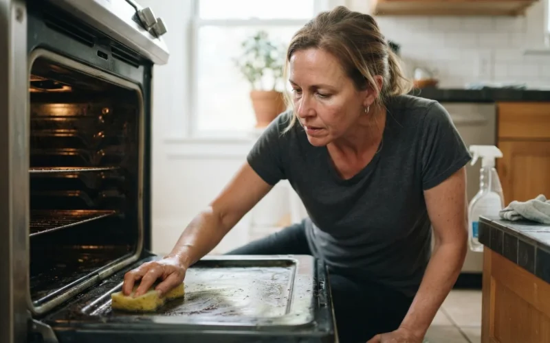 a person cleaning the inside of an oven