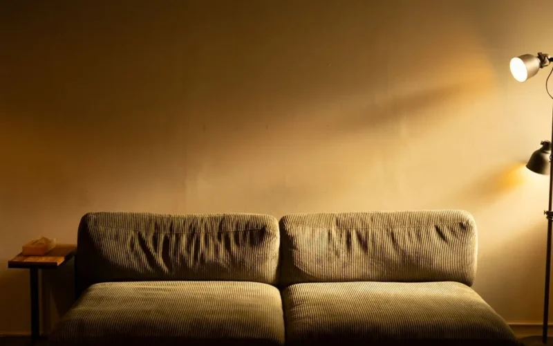 Warmly lit living room featuring a comfortable sofa and a floor lamp casting a soft glow.