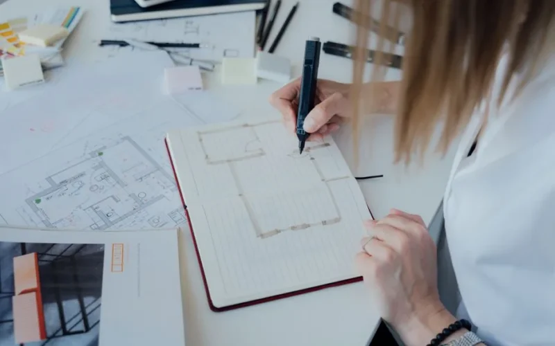 An architect sketches floor plans and designs in an organized office environment.