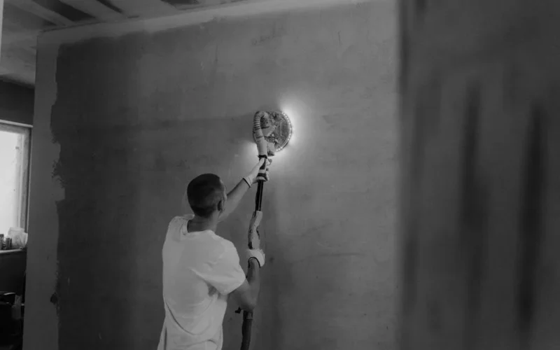 A man using a power sander to renovate an interior wall in a monochrome setting.