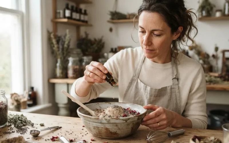 a woman adding essential oils to a bowl of bath bomb mixture