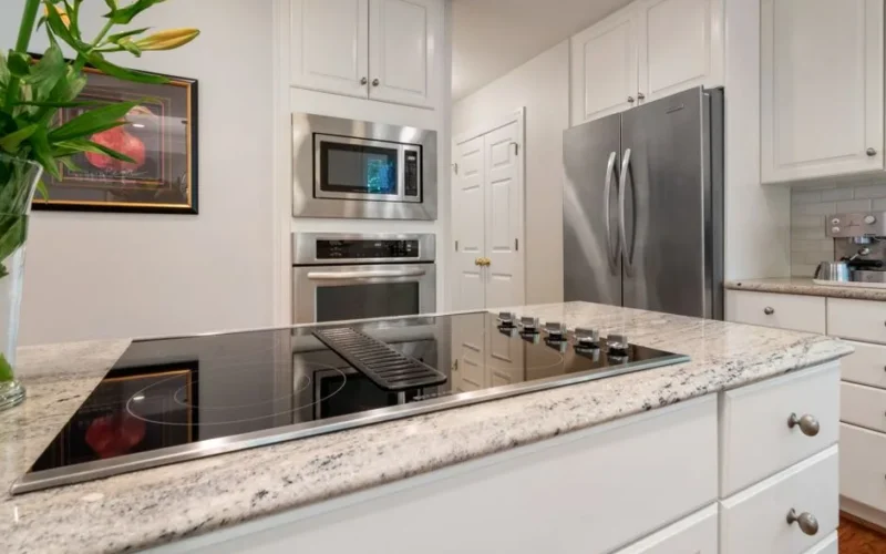 Sleek kitchen interior featuring stainless steel appliances and spacious granite countertop, ideal for modern living.