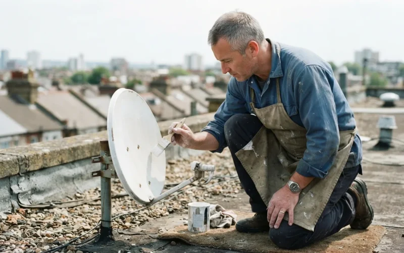 a person painting a satellite dish on a rooftop