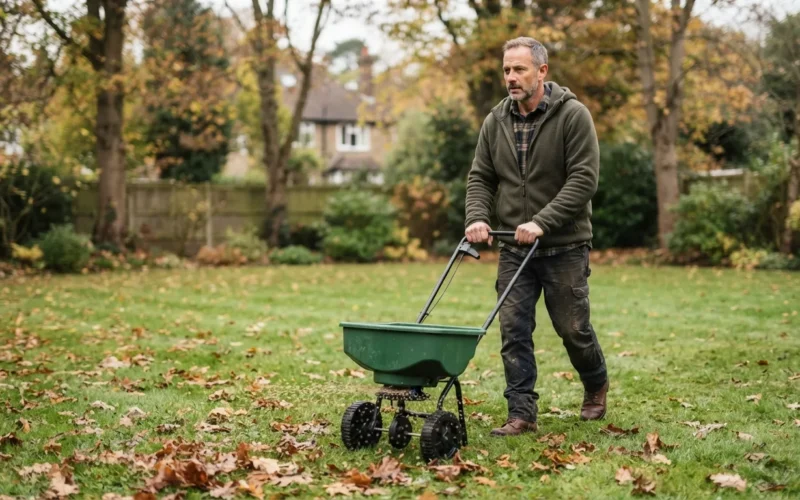 a person spreading fertilizer on a lawn in autumn