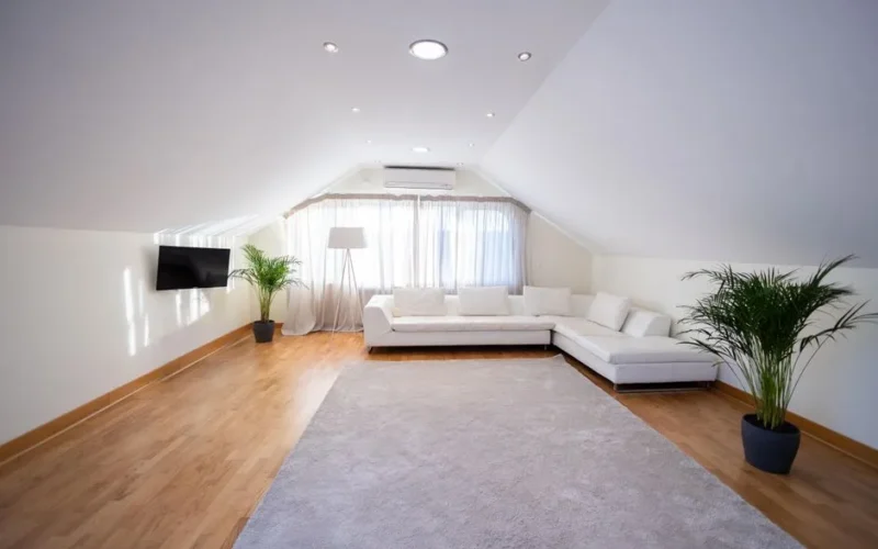 Spacious attic living room with white sofa, hardwood floor, and modern decor.