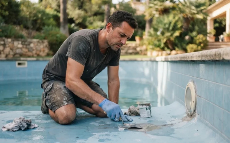 a person repairing a swimming pool