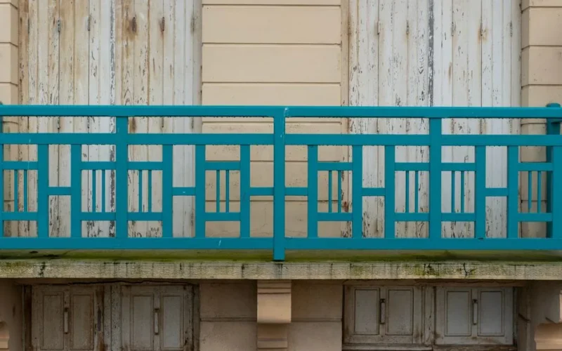 A close-up of a vintage balcony featuring weathered wooden doors and a bold blue railing.