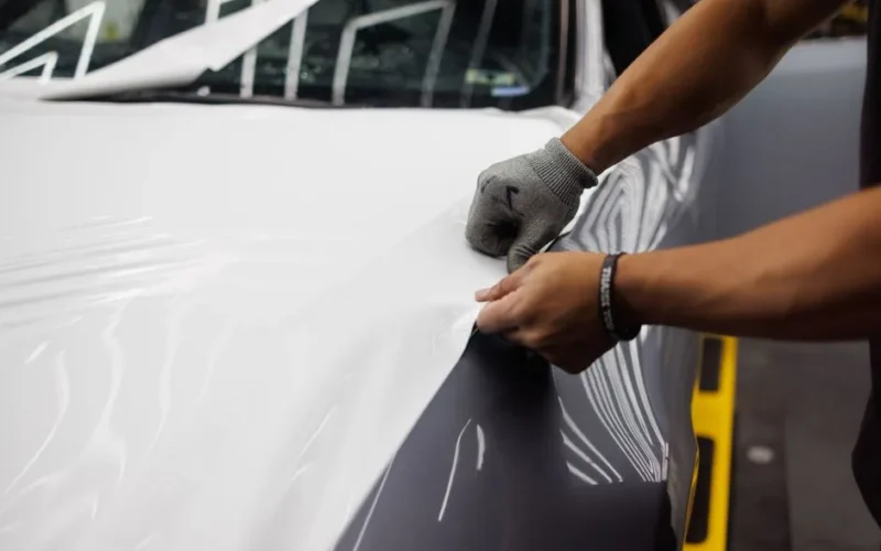 Close-up of hands applying vinyl wrap to a car hood, showcasing customization.