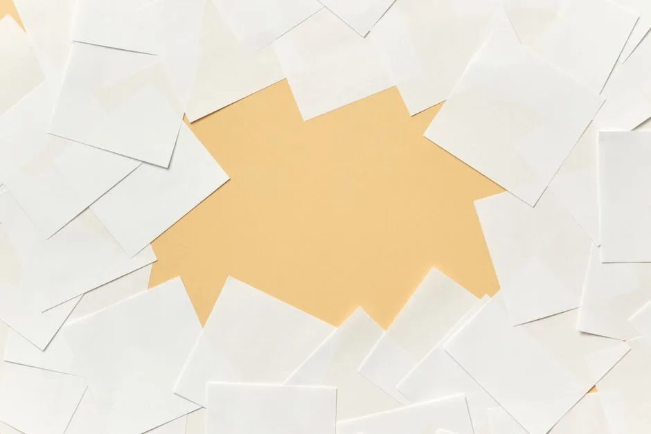 A collection of blank papers spread around a central empty space on a table.