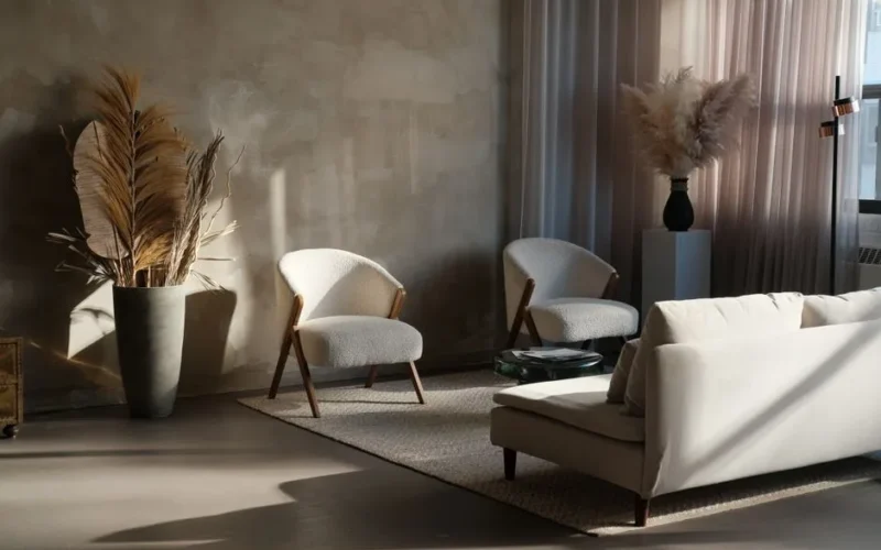 Moody Japandi style living room with pampas grass, textured walls, cozy seating, and soft lighting.