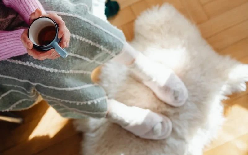 Person in cozy socks holding a warm drink on a fluffy rug, enjoying a peaceful morning.