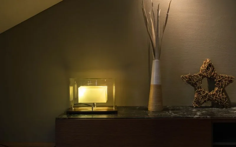 Elegant interior setup featuring a modern lamp, a tall vase with twigs, and a decorative star on a shelf.