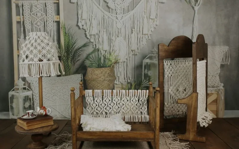 Intricately crafted macrame decorations in a cozy, natural-themed interior setting.