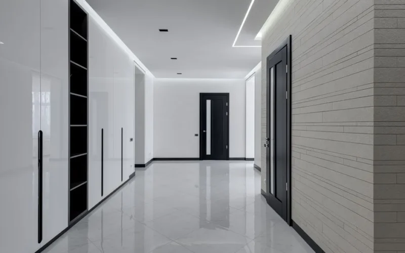 Wide corridor in modern house with white tiled walls and floor black wooden doors and shelves for storage built in wall