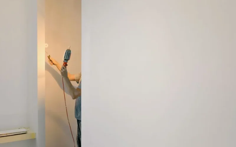 Crop faceless male holding lamp and paint roller while renovating walls at home