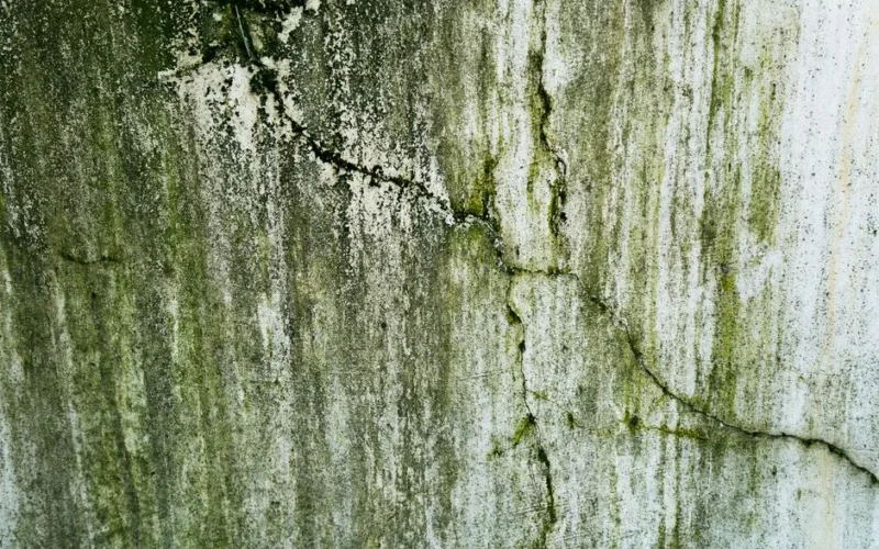 Close-up of a weathered wall with cracks and green algae, texture details.