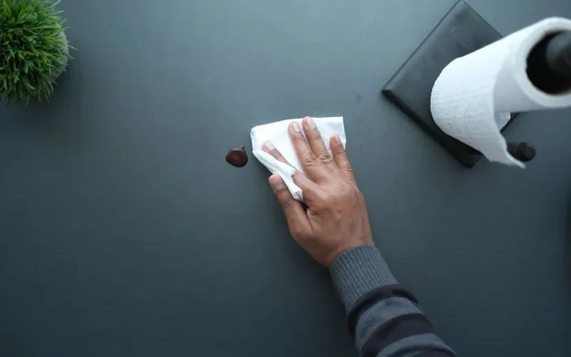 A hand wipes a dark surface with a tissue near a paper roll and plant.