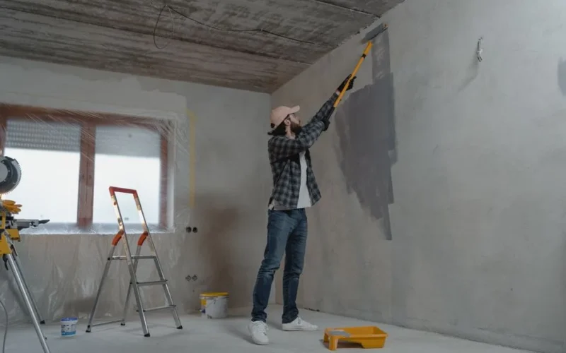 A man painting an interior wall with a roller during a home renovation project.