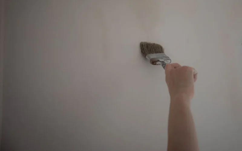 Hand using a paint brush to apply a coat of paint on a wall, highlighting DIY home improvement.