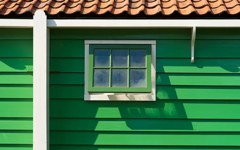 Close-up of a vibrant green wooden house with a small window and terracotta tile roof.