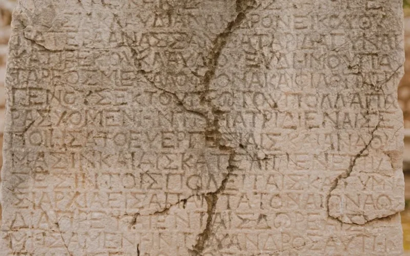 Close-up of a weathered stone with ancient Greek letters inscribed, showcasing historical text.