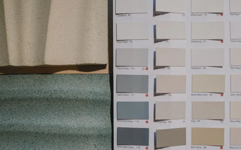 A detailed view of paint color swatches alongside textured material samples for design inspiration.