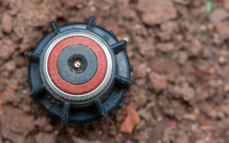 Close-up image of a garden sprinkler head embedded in soil, ideal for landscaping themes.
