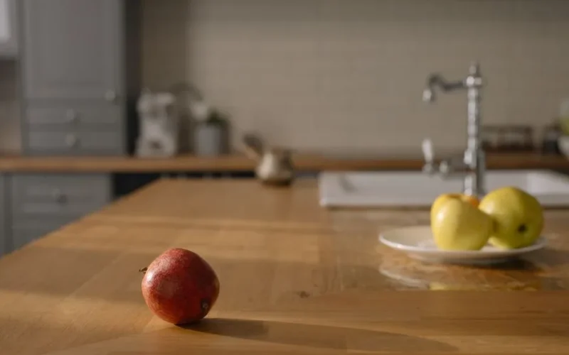 A red apple on a wooden counter and yellow apples on a plate in a cozy kitchen.