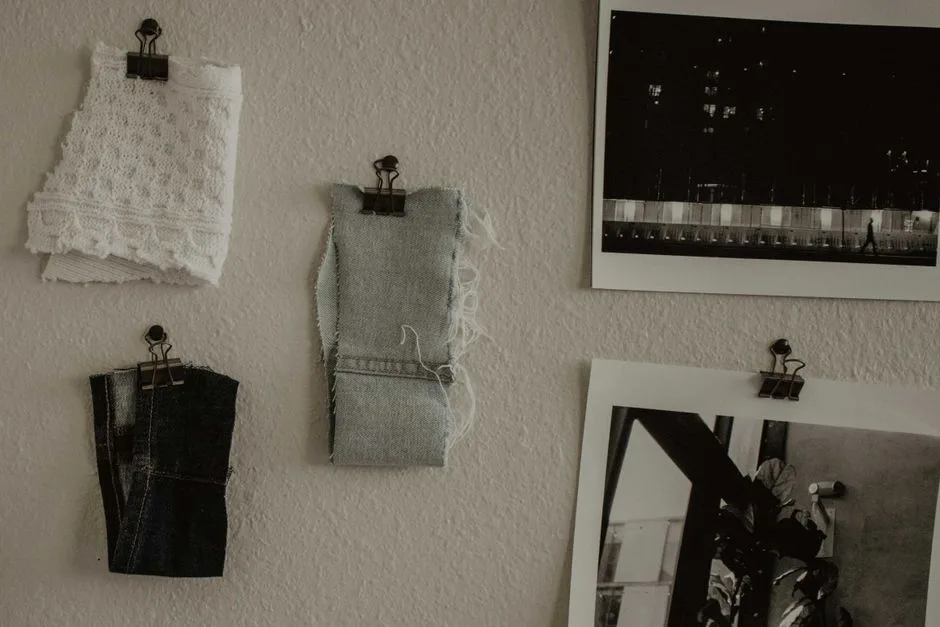 Stylish arrangement of fabric swatches and monochrome photos on a textured white wall.